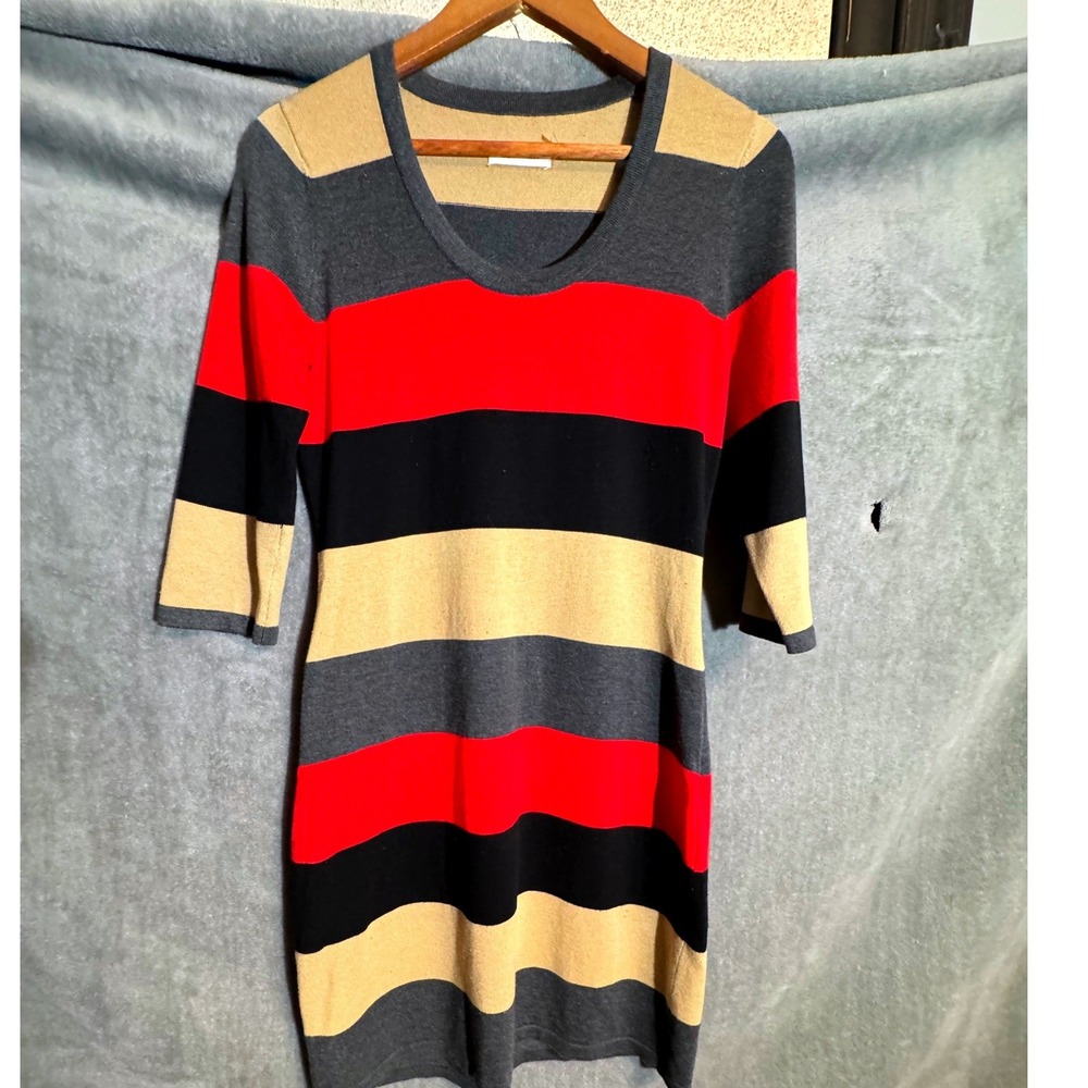 Calvin Klein Womens Striped Sweater Dress Red Black Tan Scoop Neck 3/4 Sleeve 2